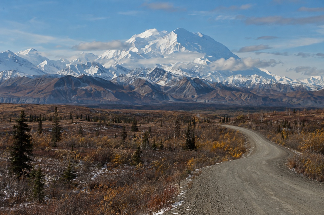 The Denali Park Road and the mountain in late fall