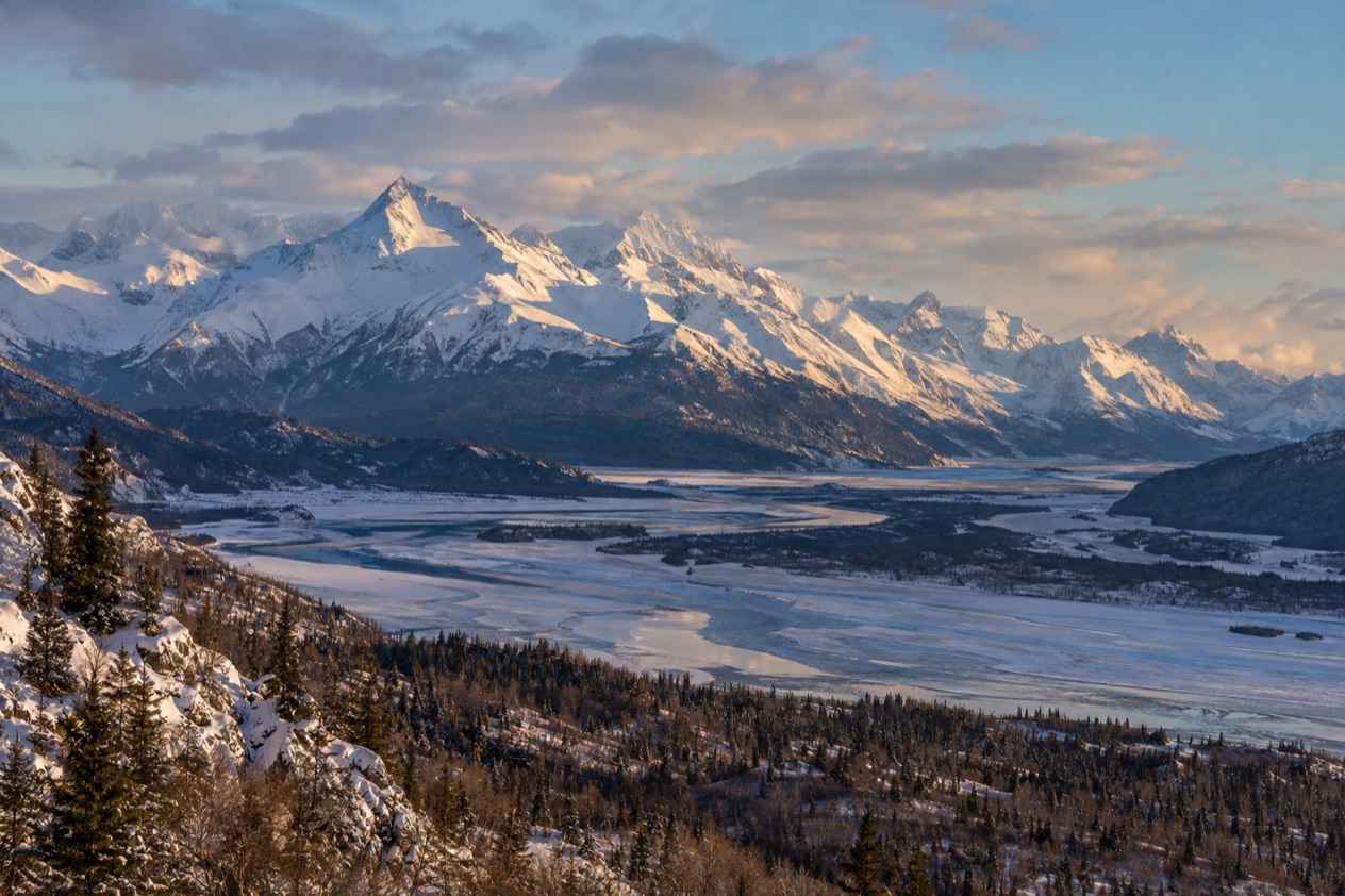 The mountains and valleys of Alaska in winter