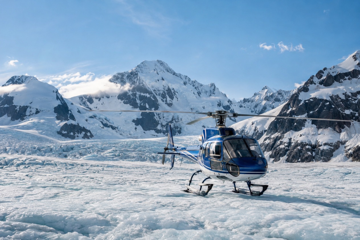 A helicopter on a glacier