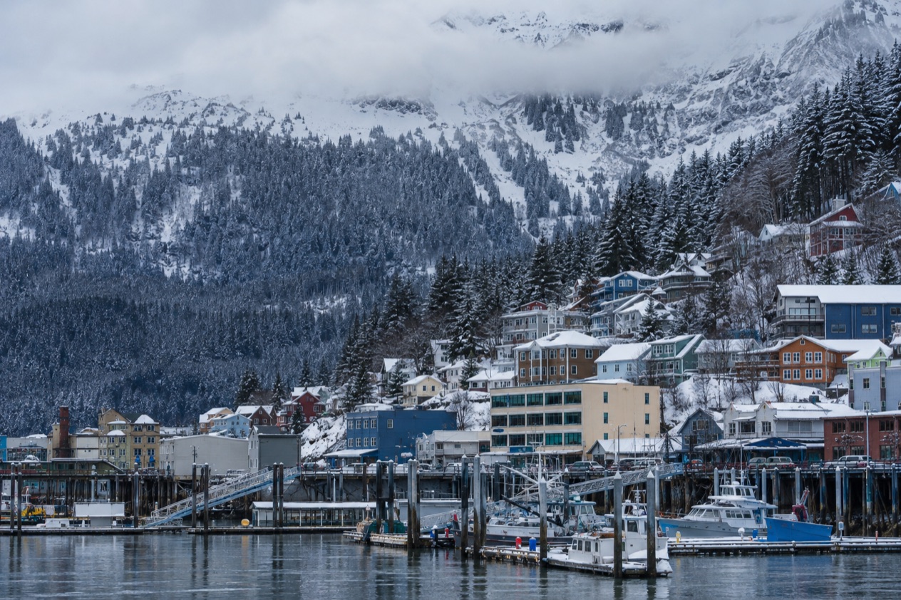 Juneau under its mountains in winter