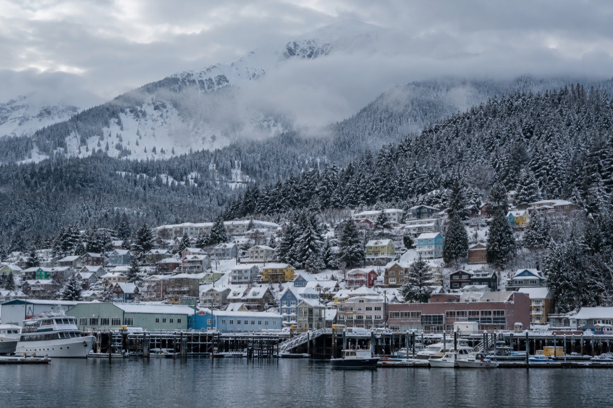Juneau under its mountains in winter