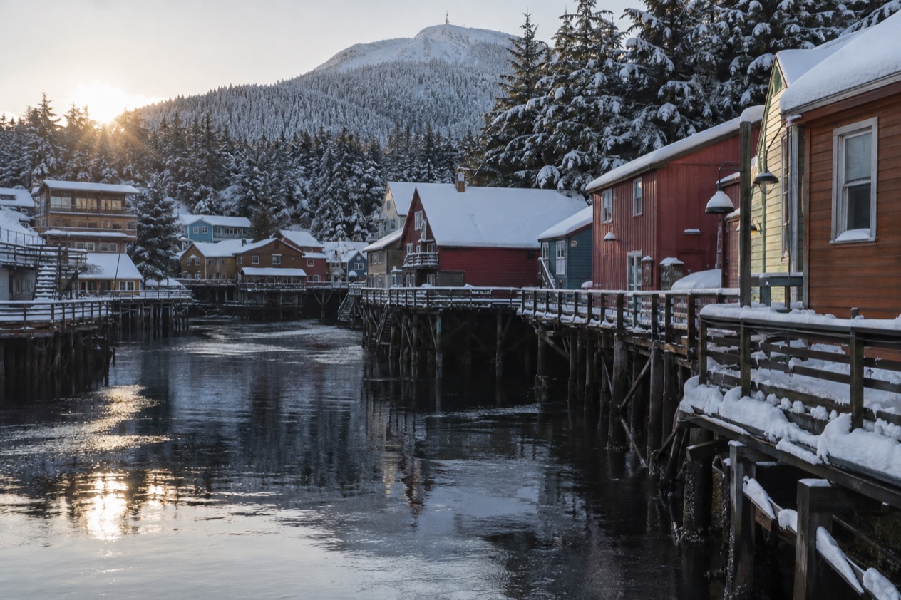 Houses on stilts in Ketchikan in late winter