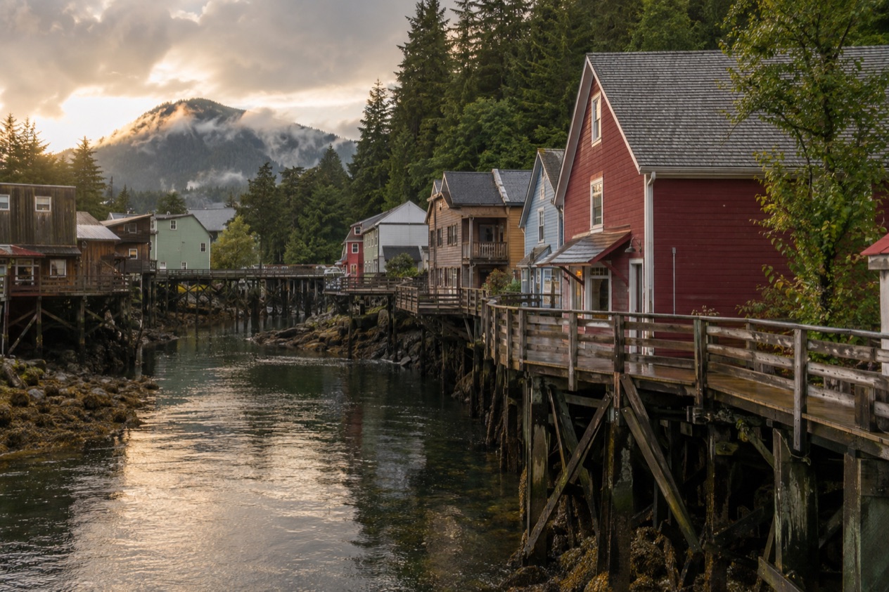 Houses on stilts in Ketchikan in late summer