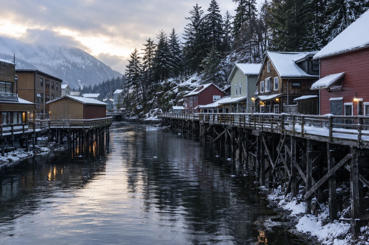 Houses on stilts in Ketchikan in winter
