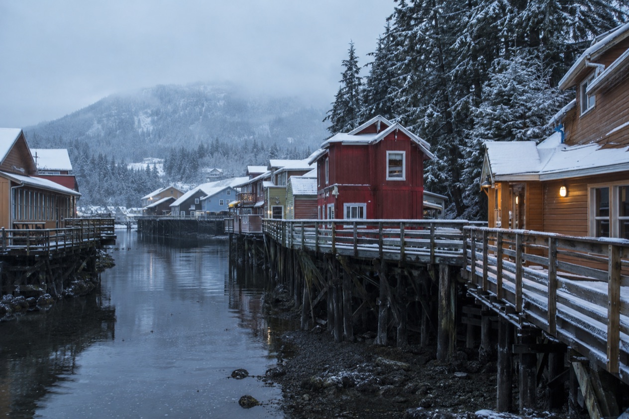 Houses on stilts in Ketchikan in winter