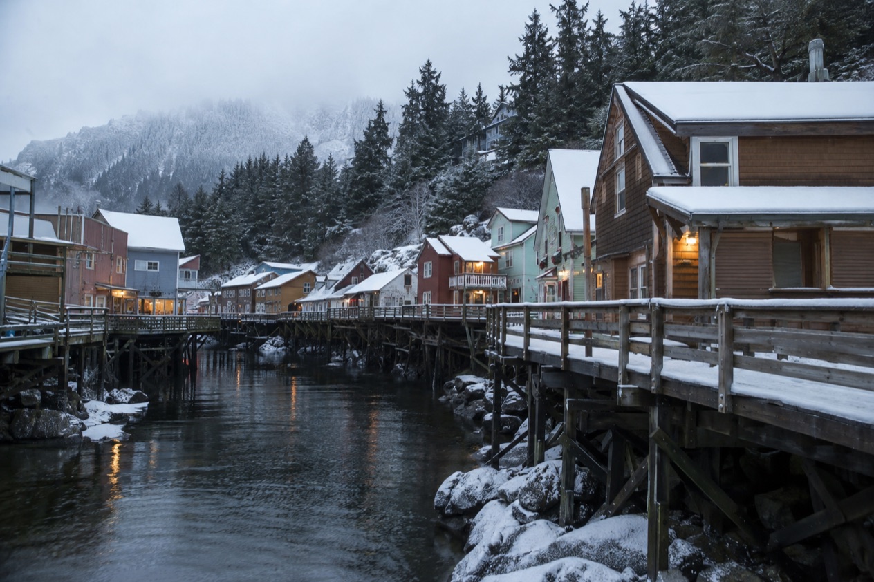 Houses on stilts in Ketchikan in winter
