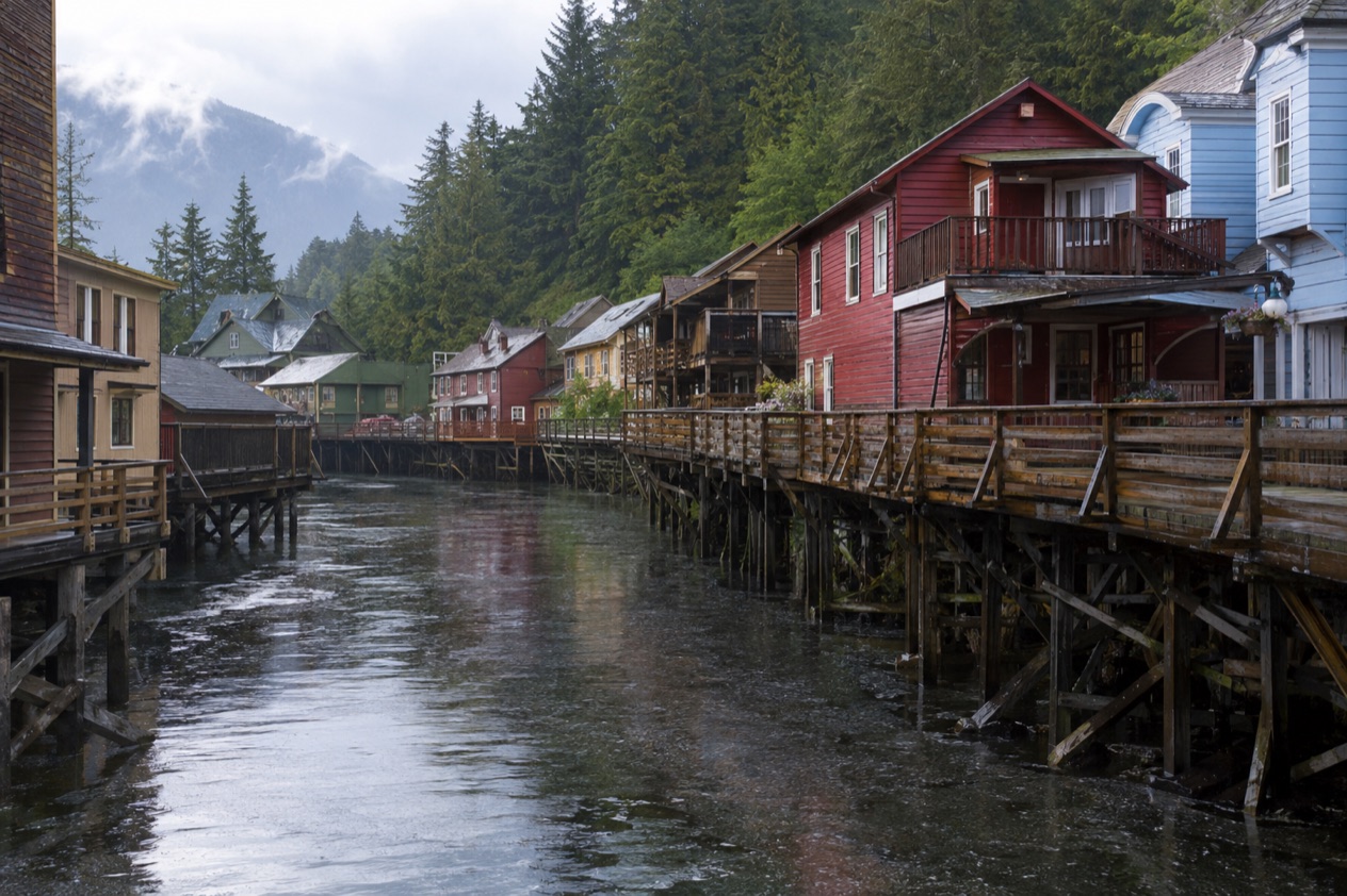 Houses on stilts in Ketchikan in summer