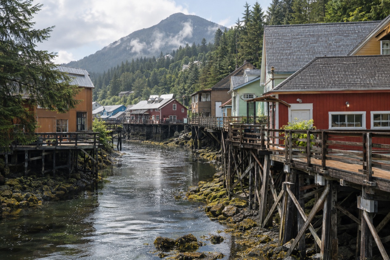 Houses on stilts in Ketchikan in summer