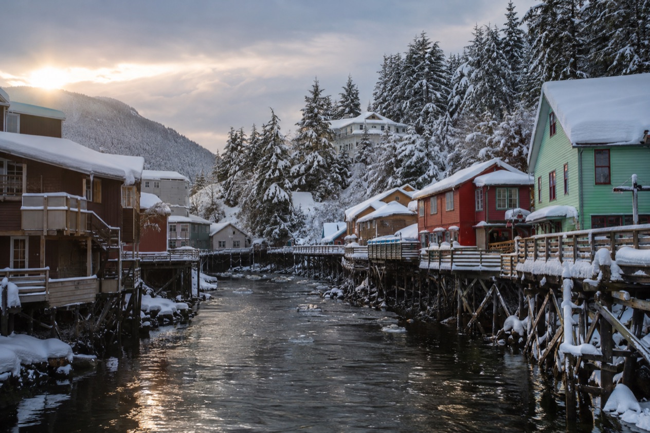 Houses on stilts in Ketchikan in late winter