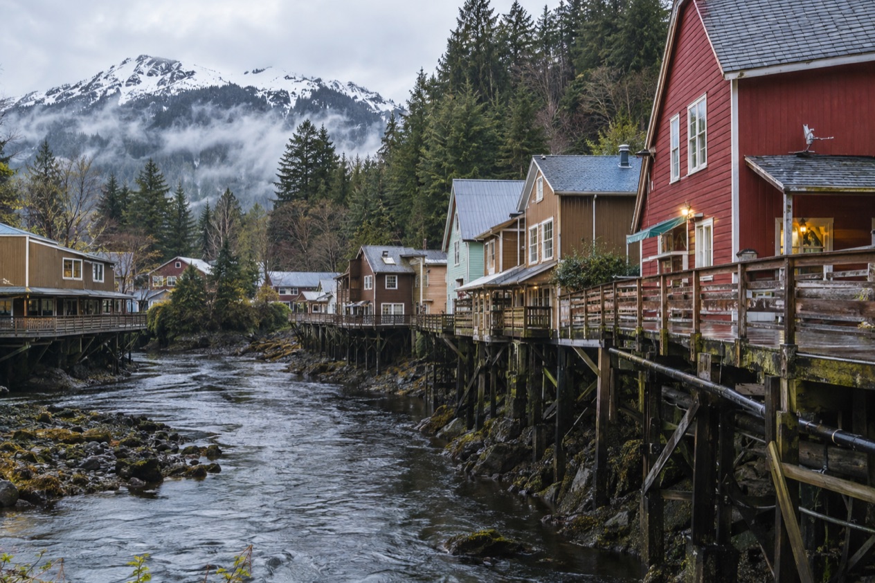 Houses on stilts in Ketchikan in spring