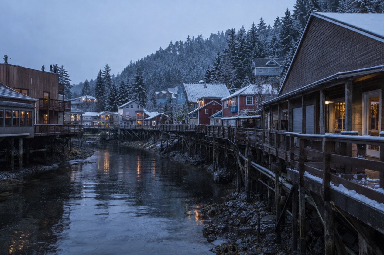 Houses on stilts in Ketchikan in early winter