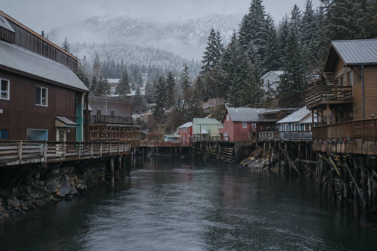 Houses on stilts in Ketchikan in late fall