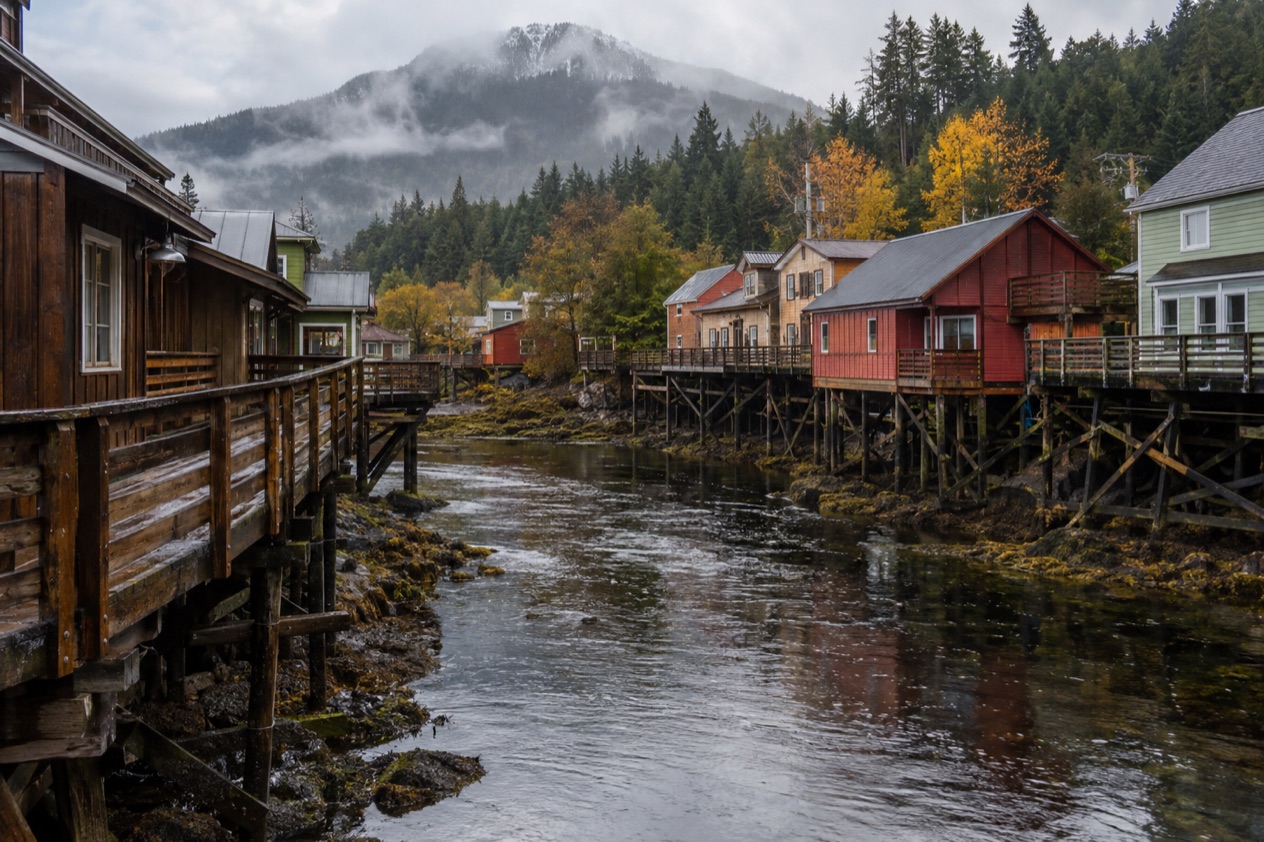 Houses on stilts in Ketchikan in fall
