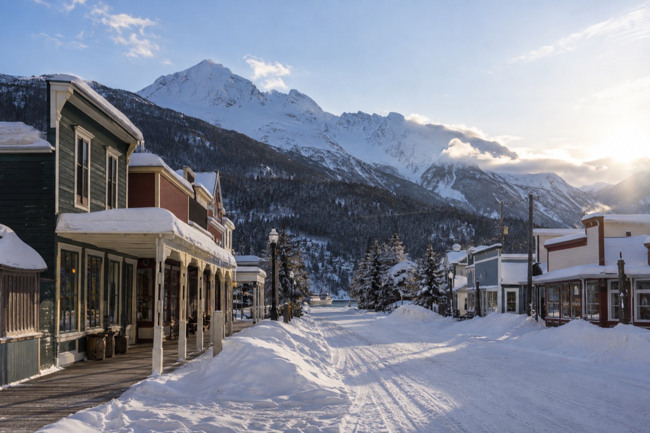 Old storefronts in Skagway in late winter