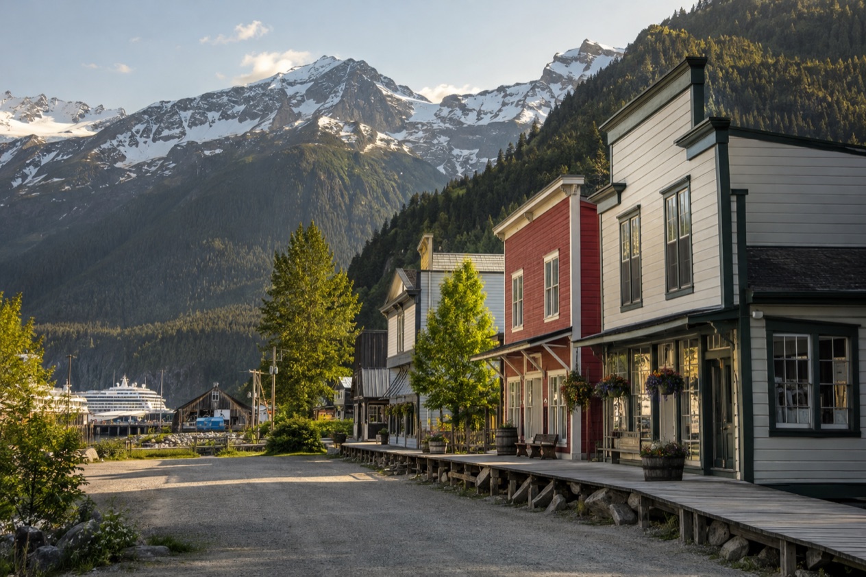 Old storefronts in Skagway in late summer