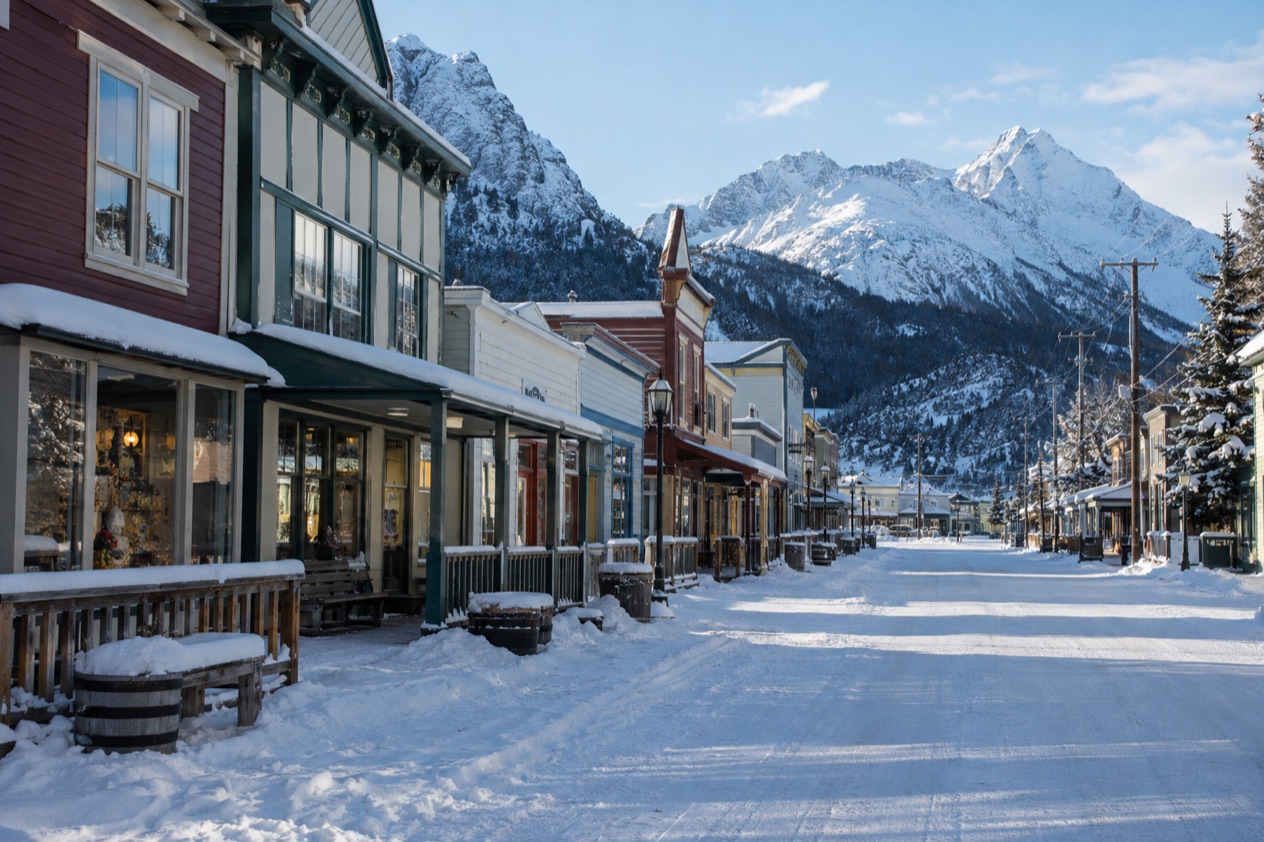 Old storefronts in Skagway in winter