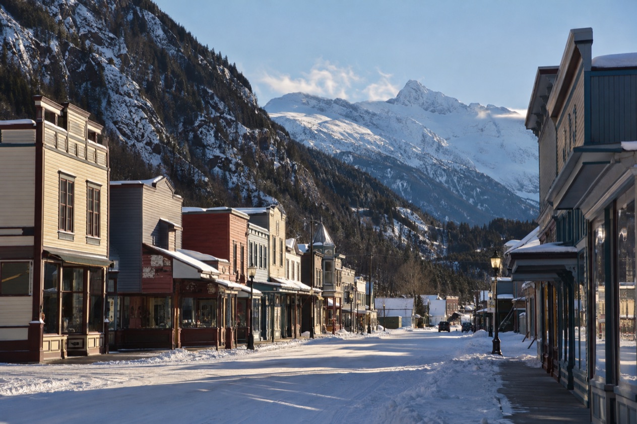 Old storefronts in Skagway in winter