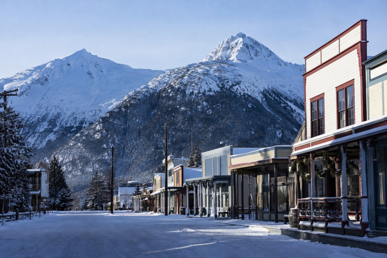 Old storefronts in Skagway in winter