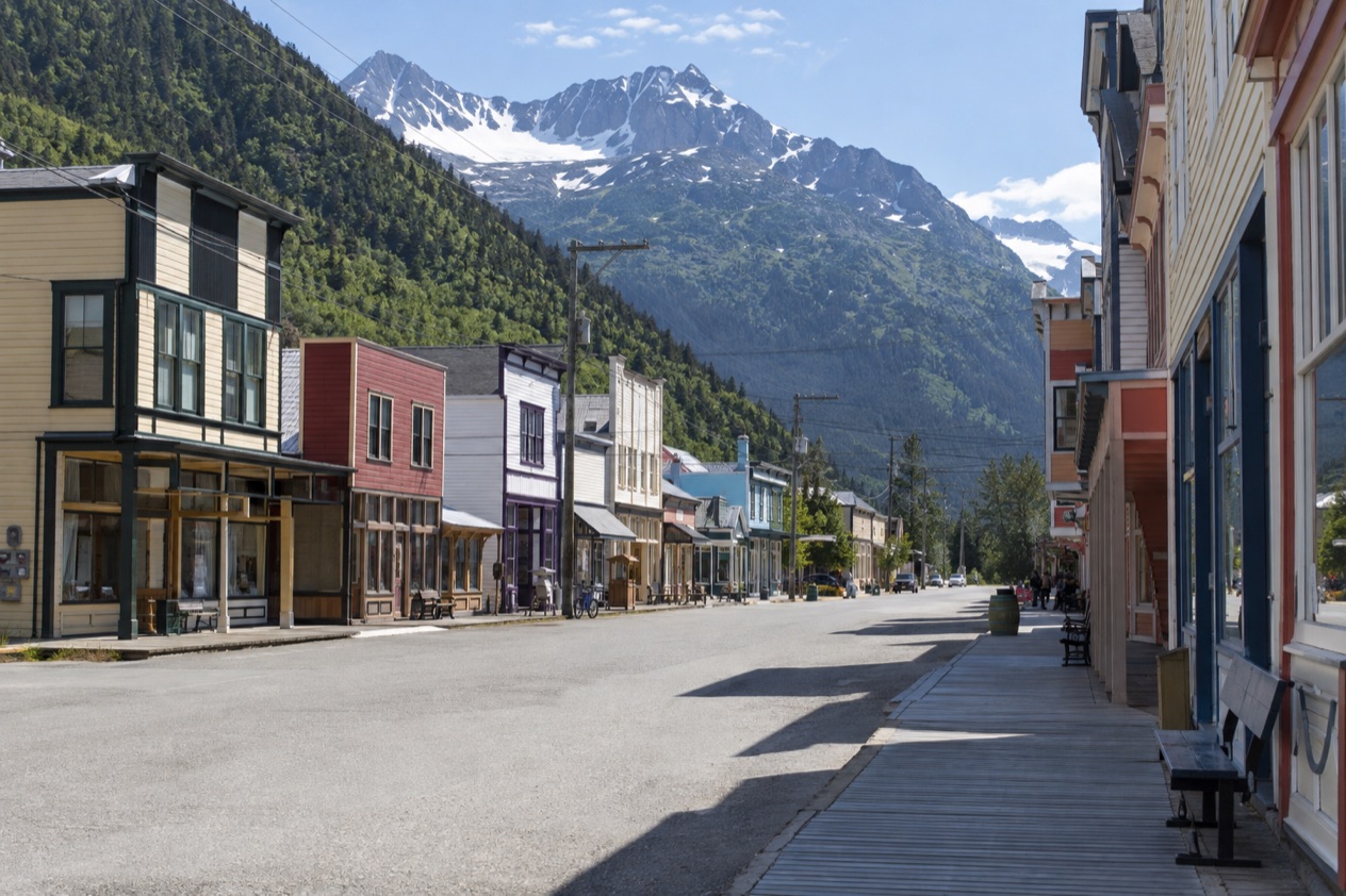 Old storefronts in Skagway in summer