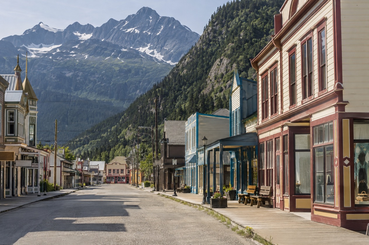 Old storefronts in Skagway in summer