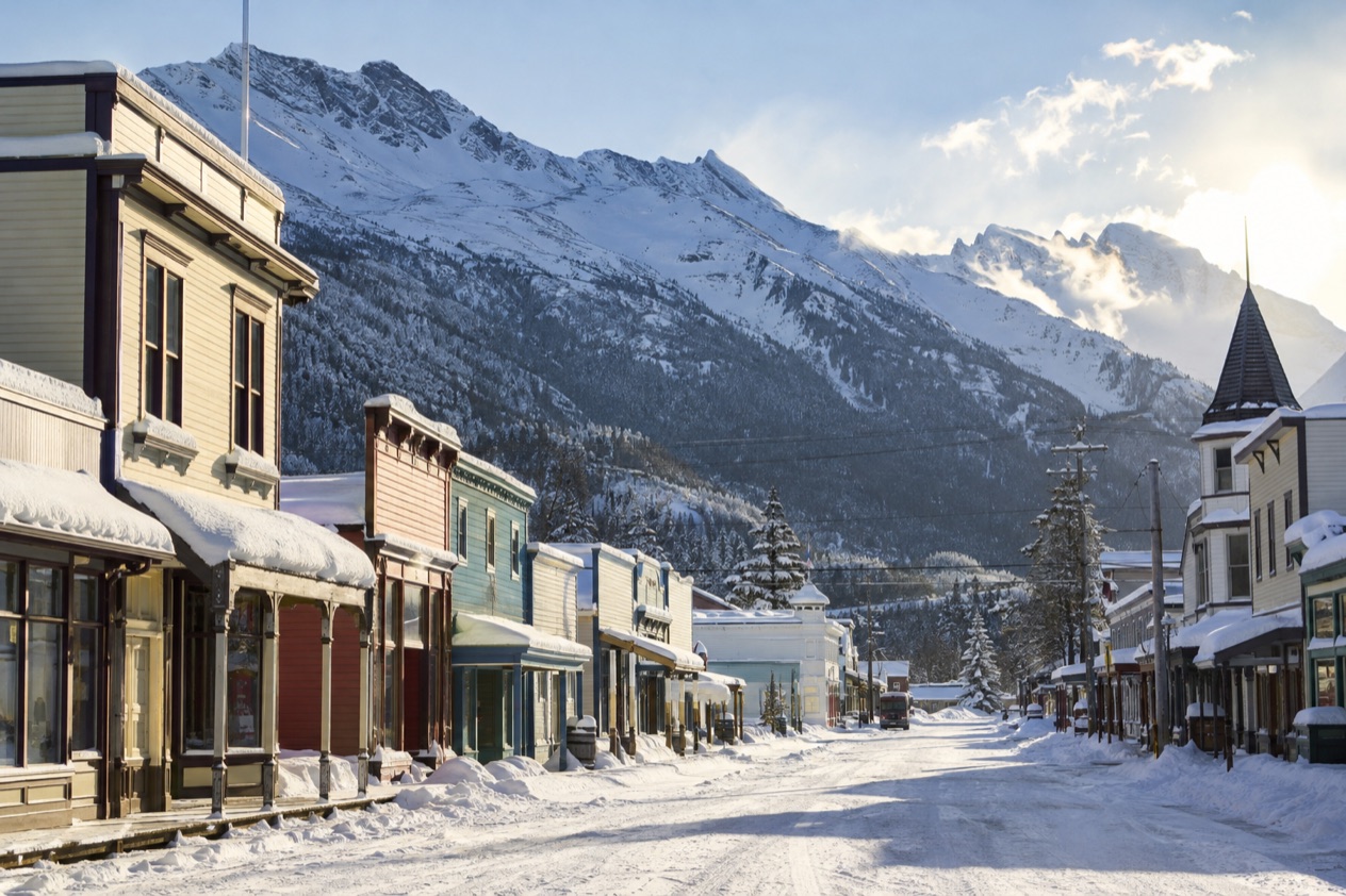 Old storefronts in Skagway in late winter