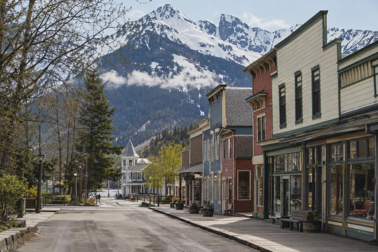 Old storefronts in Skagway in spring