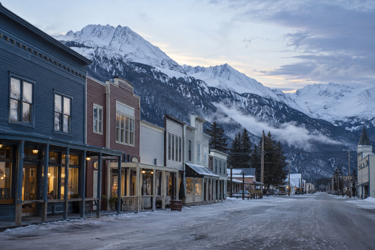 Old storefronts in Skagway in early winter
