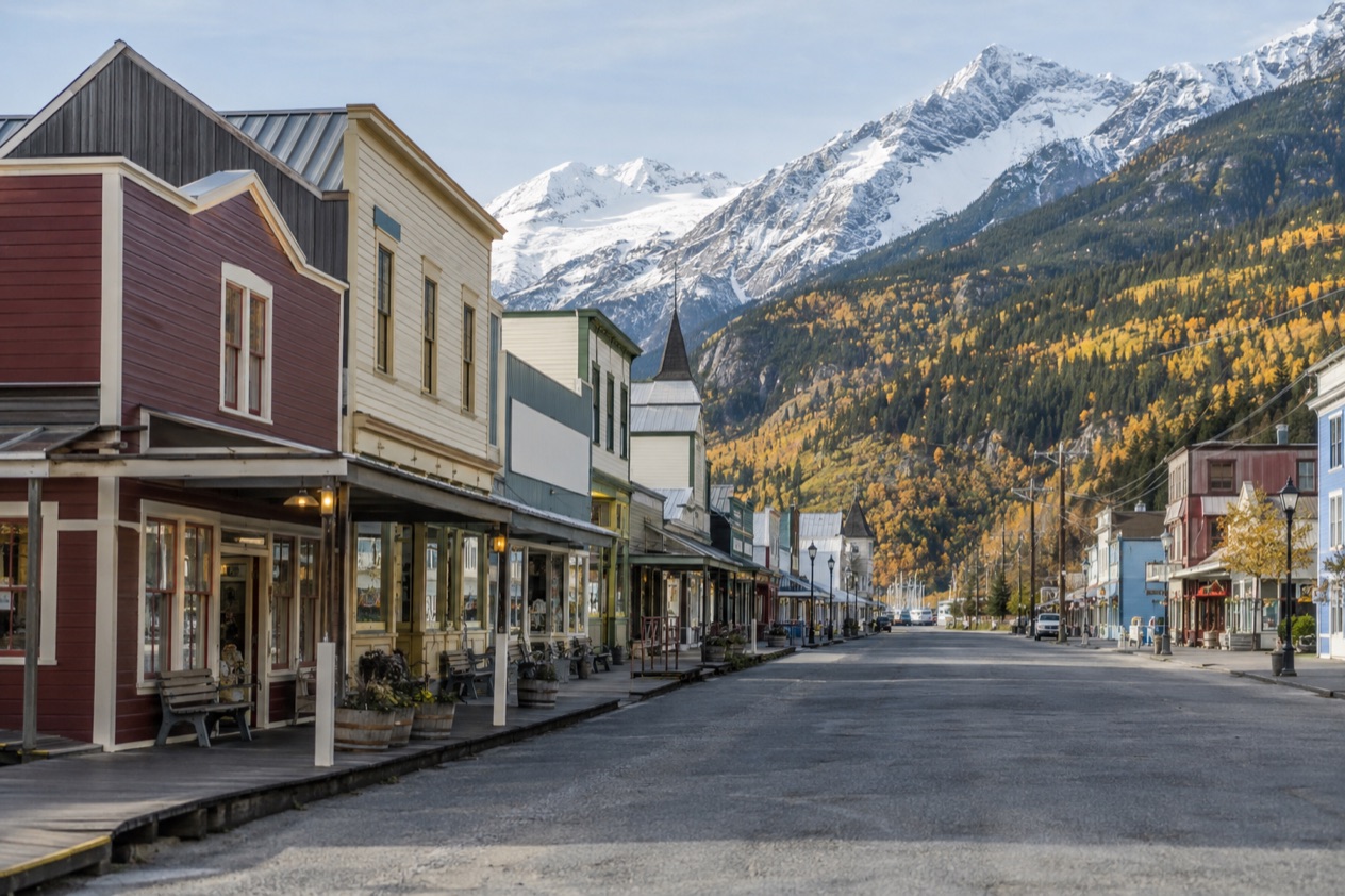 Old storefronts in Skagway in fall