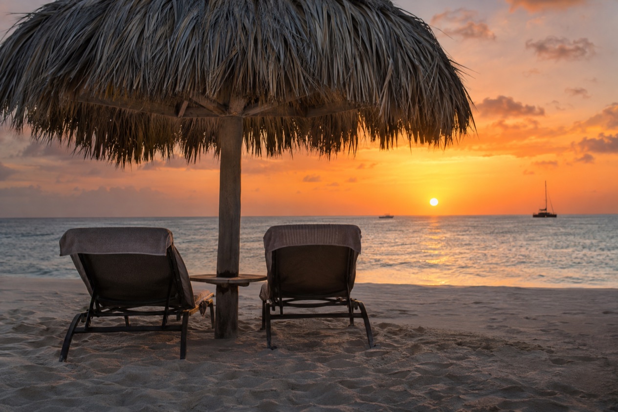 A beach palapa at sunset