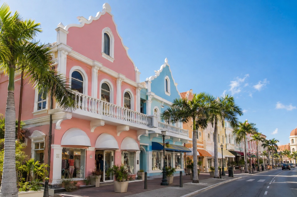 Colorful storefronts in Oranjestad