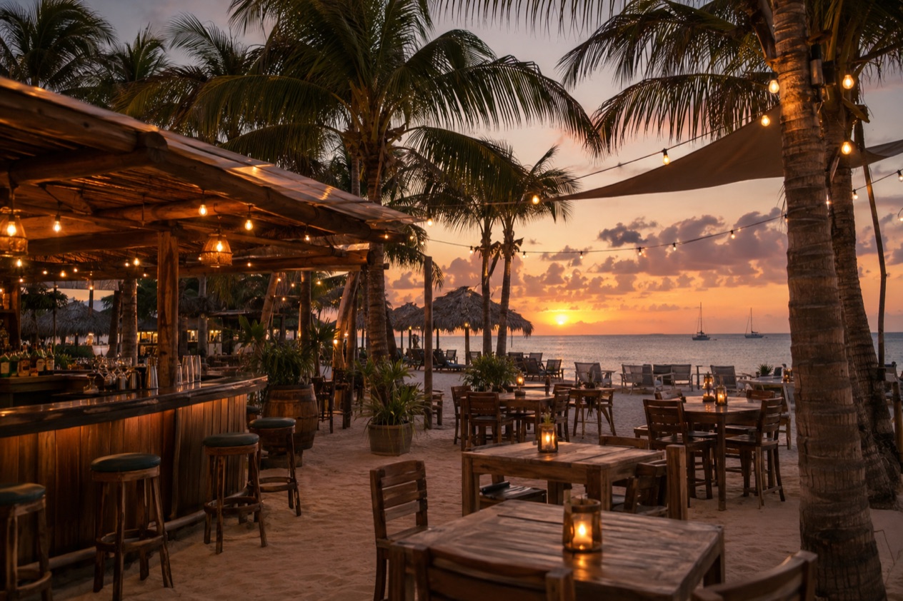 A beach bar at dusk