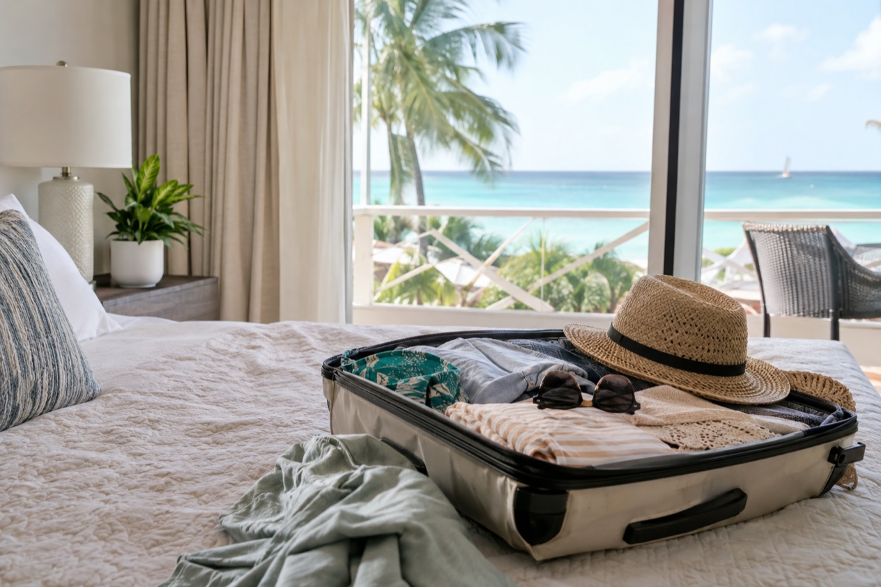 A suitcase packed for the beach
