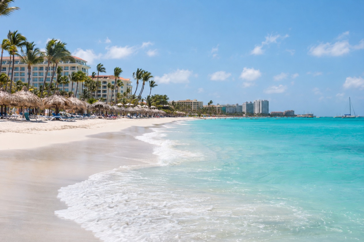 Palm Beach with its palapas and resorts