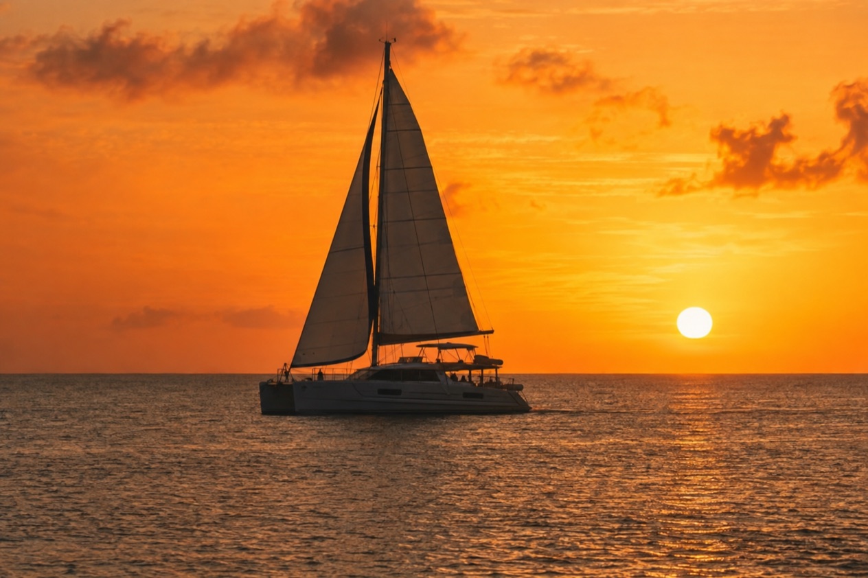 A catamaran at sunset