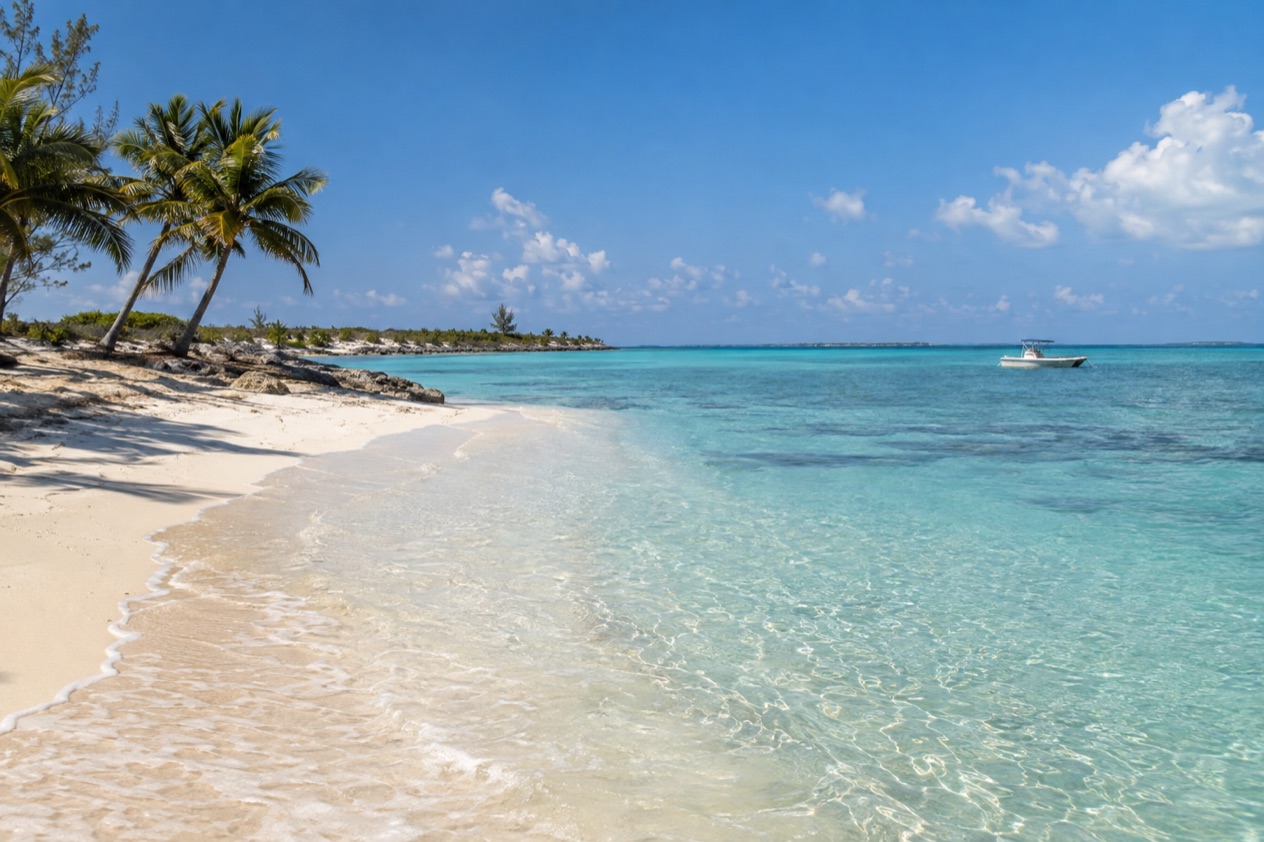 A white-sand beach in the Bahamas in spring