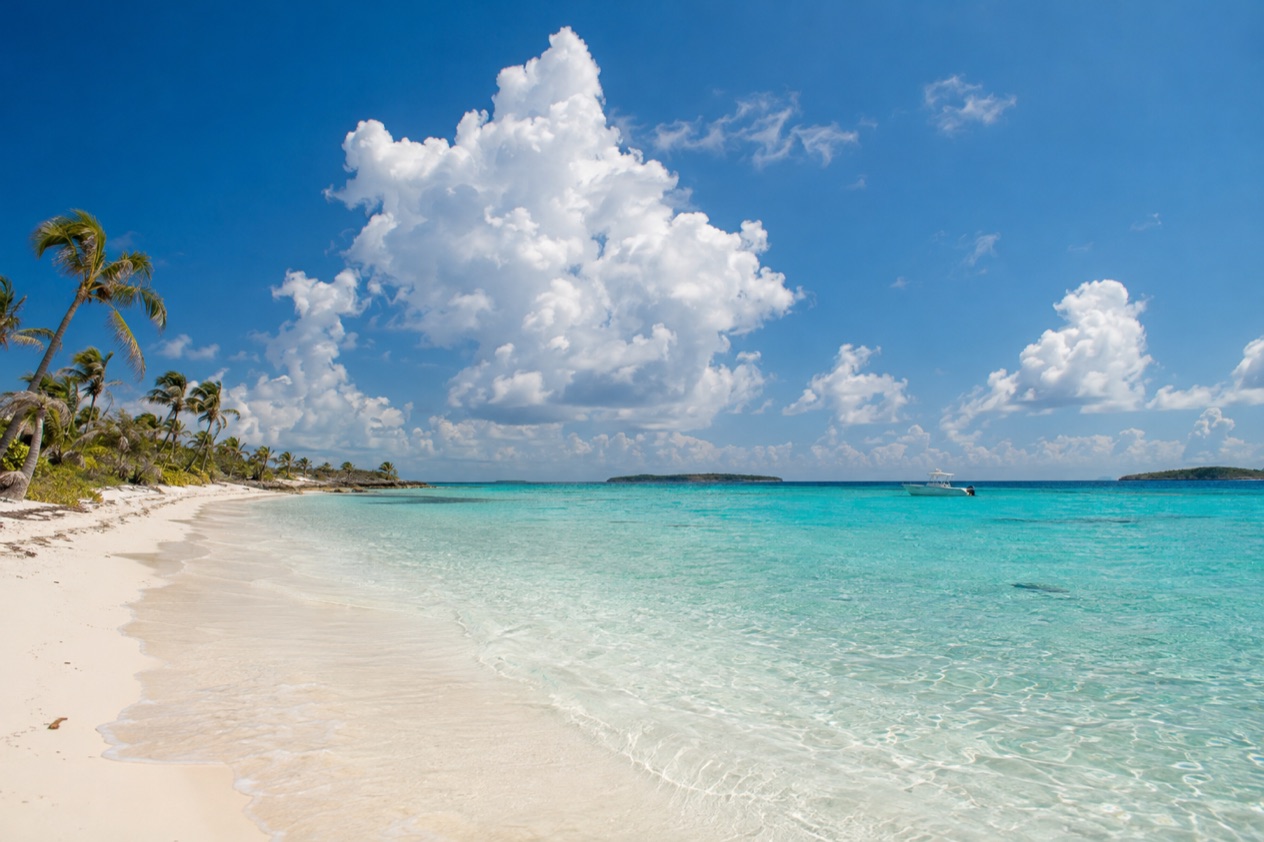 A white-sand beach in the Bahamas in summer