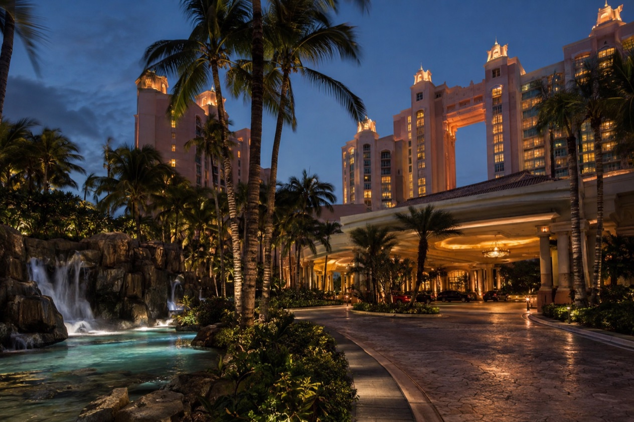 A resort entrance at night