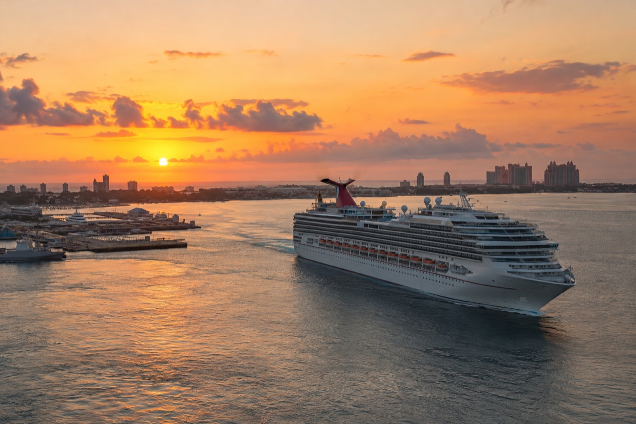A cruise ship leaving port