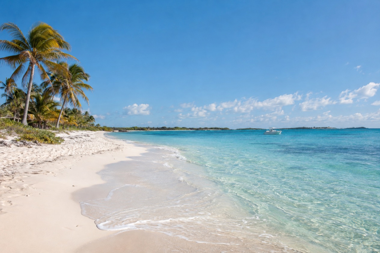 A white-sand beach in the Bahamas in winter