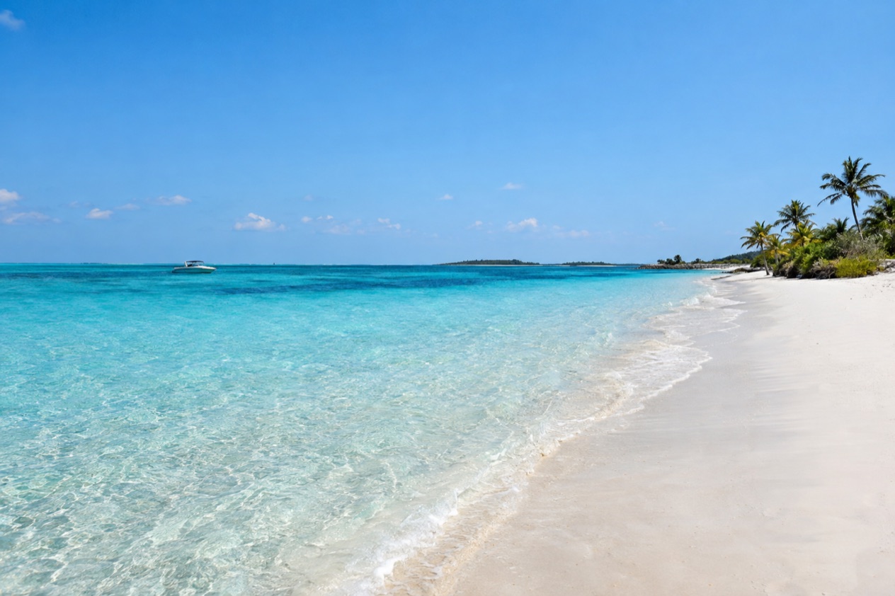 A white-sand beach in the Bahamas in winter