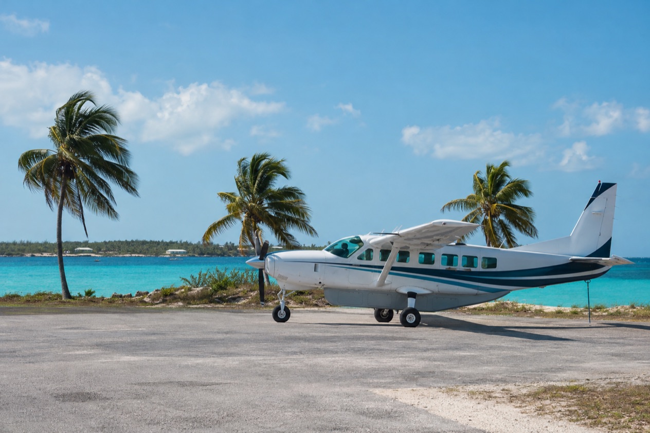 A small plane at an island airstrip
