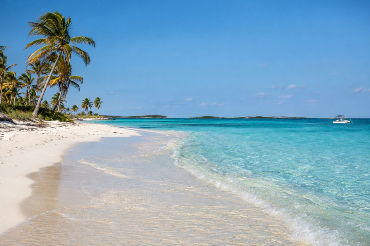 A white-sand beach in the Bahamas in winter