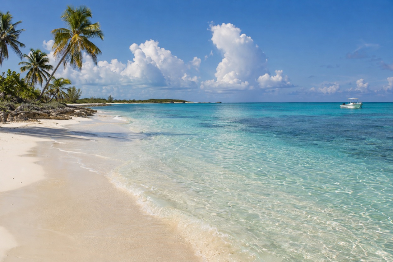 A white-sand beach in the Bahamas in summer