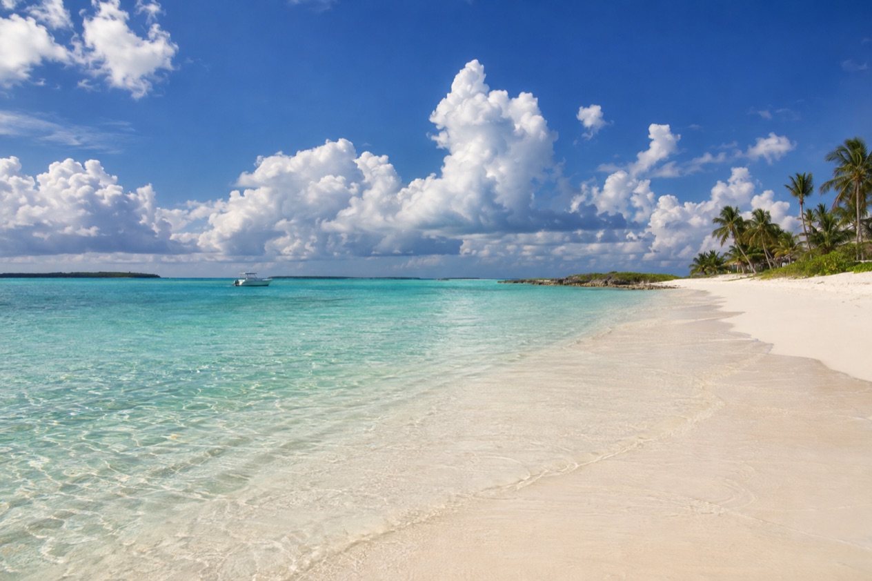 A white-sand beach in the Bahamas in summer