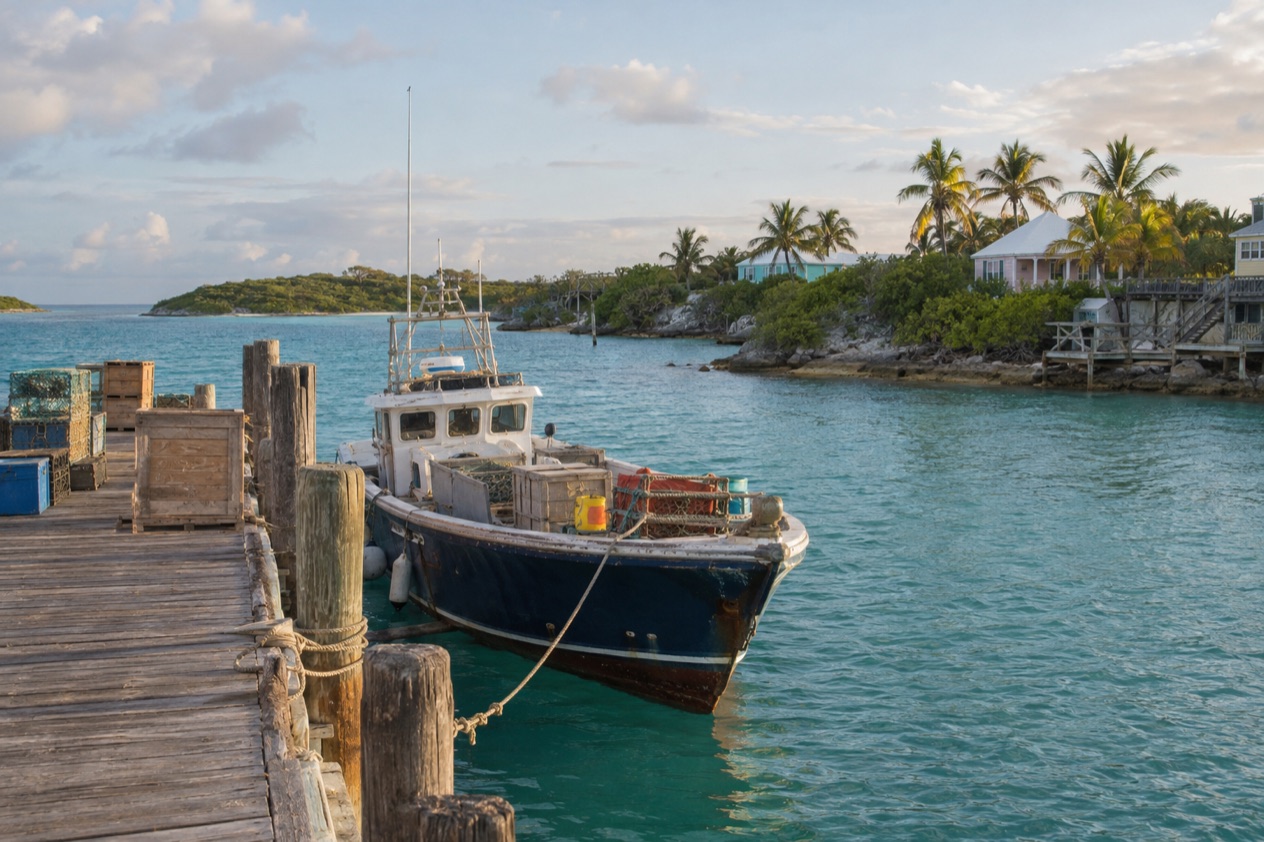 A cargo boat at an island dock