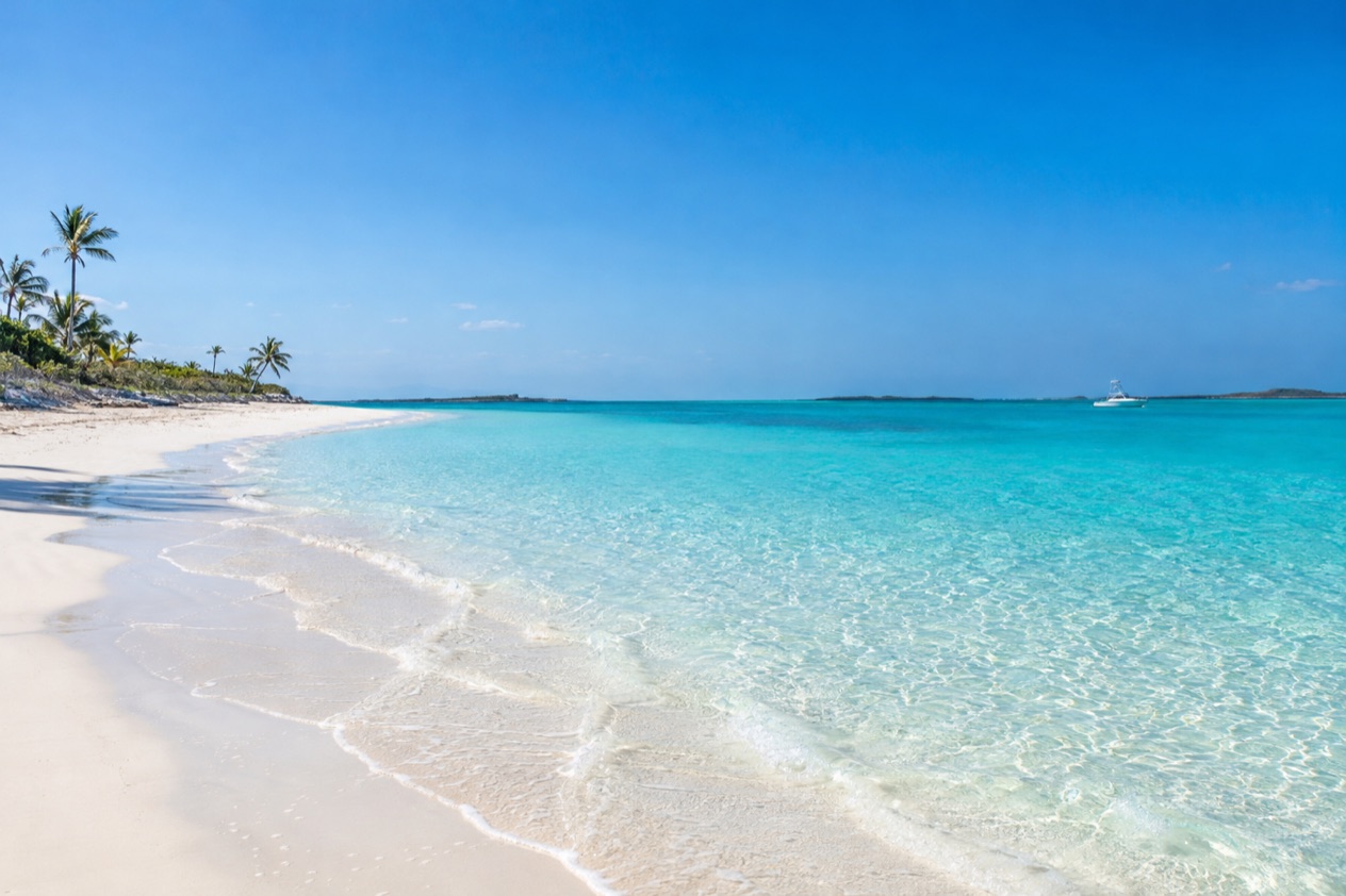 A white-sand beach in the Bahamas in winter