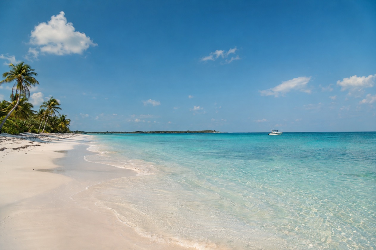 A white-sand beach in the Bahamas in spring
