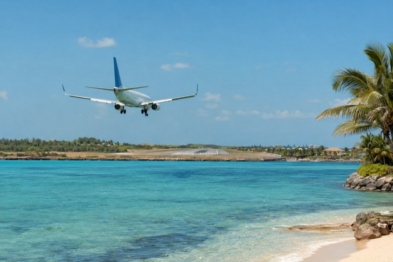 A plane landing over shallow water