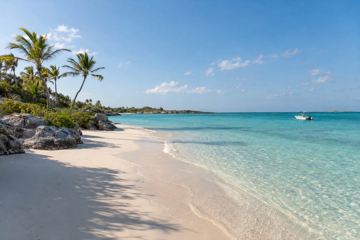 A white-sand beach in the Bahamas in spring
