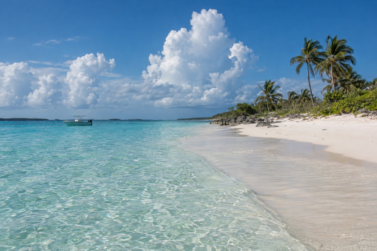 A white-sand beach in the Bahamas in summer